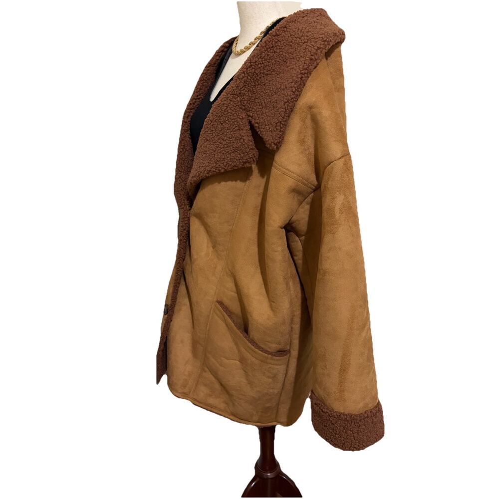 Free People Diogo Brown‎ Colorblock Coat Oversized Fuzzy Size XL - Picture 6 of 7
